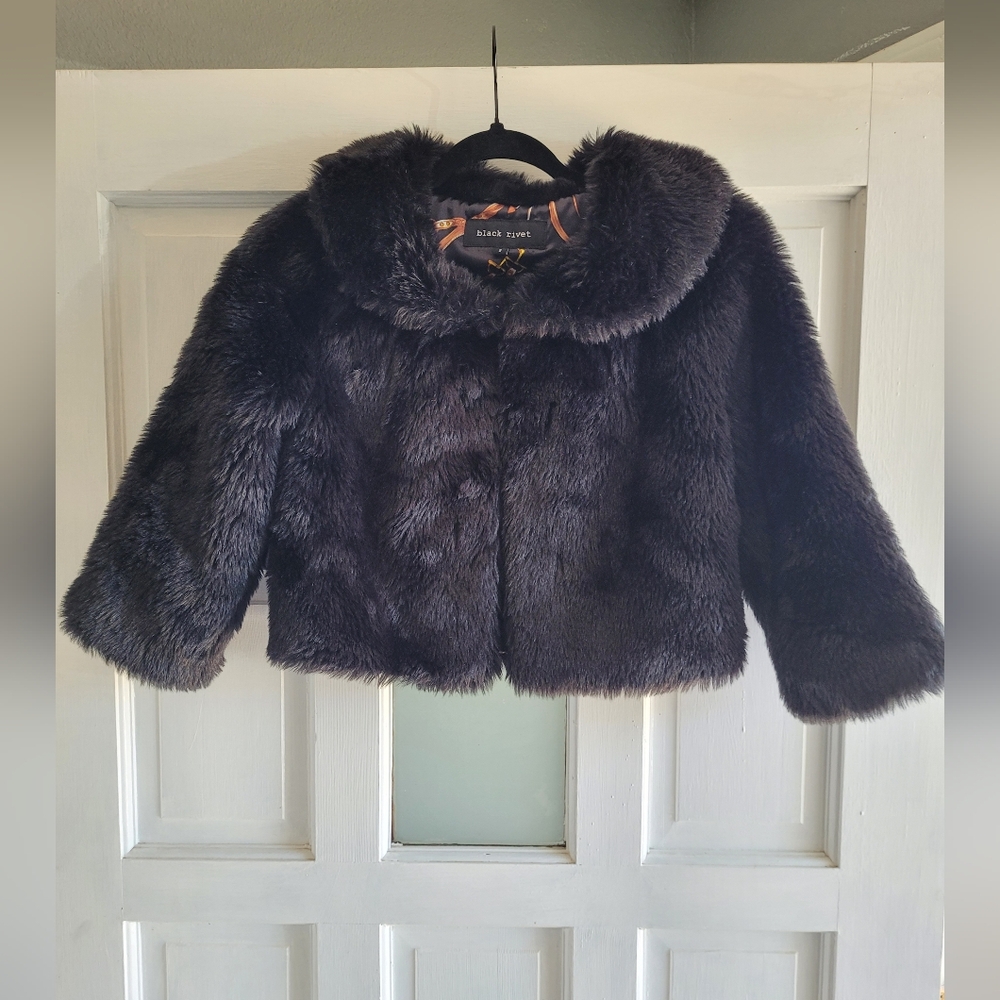 Black Rivet Faux Fur Jacket - Black, Size Small